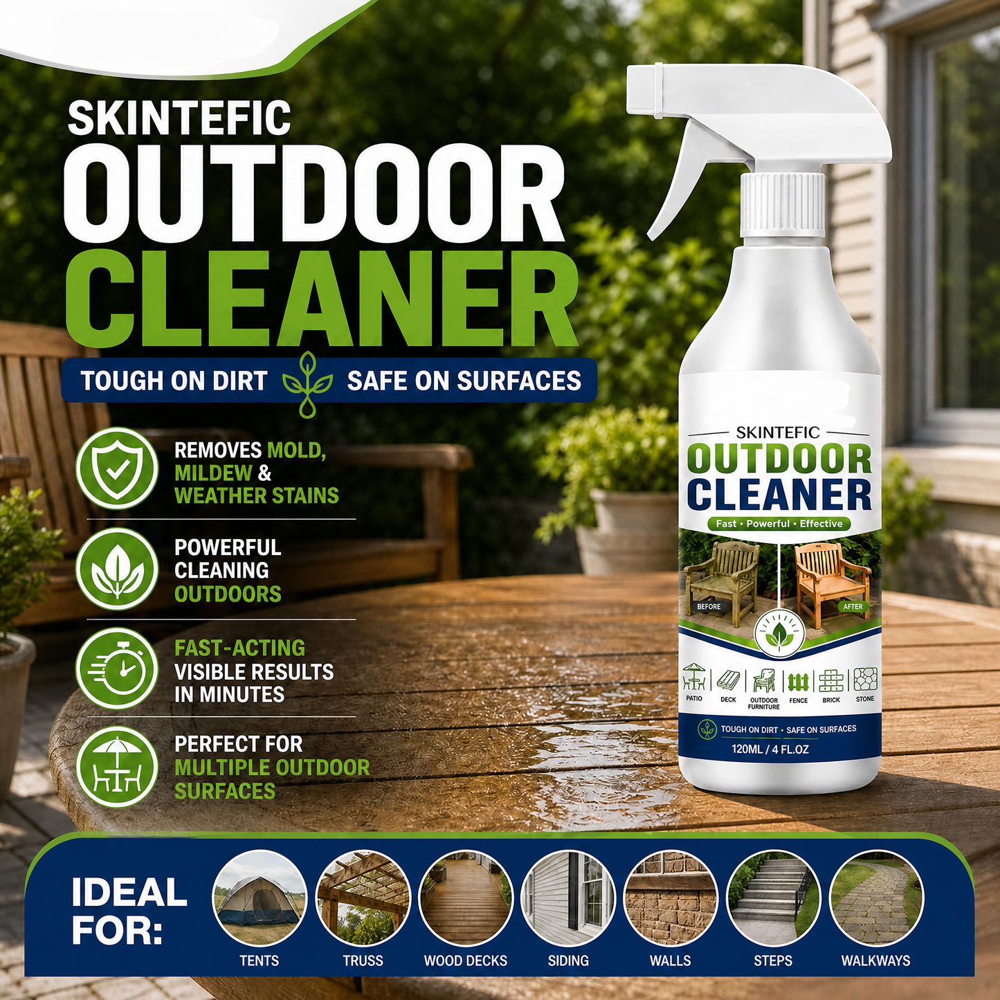 🌿 ¡79% DE DESCUENTO POR TIEMPO LIMITADO! Limpiador en Spray para Superficies de Exterior, Quitamanchas de Acción Rápida para Patios, Muebles de Madera y Superficies Exteriores