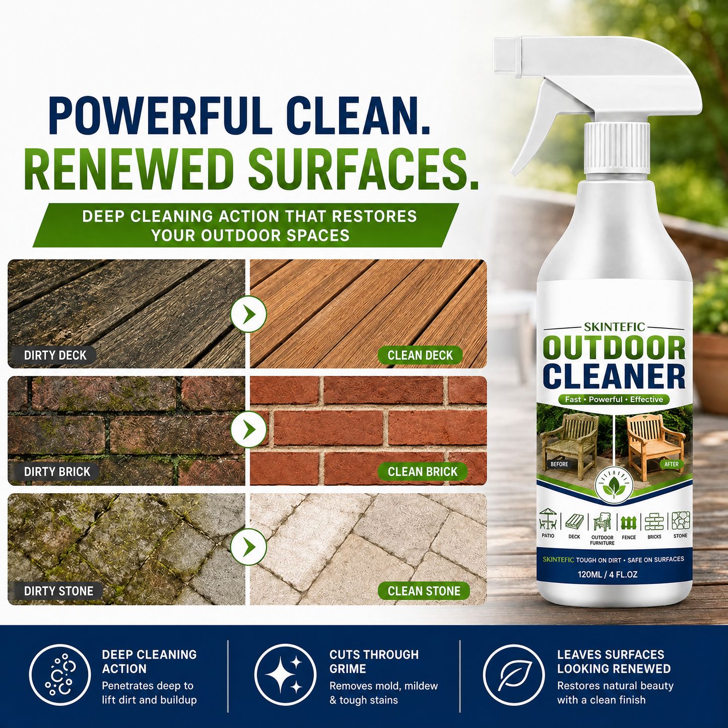 🌿 ¡79% DE DESCUENTO POR TIEMPO LIMITADO! Limpiador en Spray para Superficies de Exterior, Quitamanchas de Acción Rápida para Patios, Muebles de Madera y Superficies Exteriores