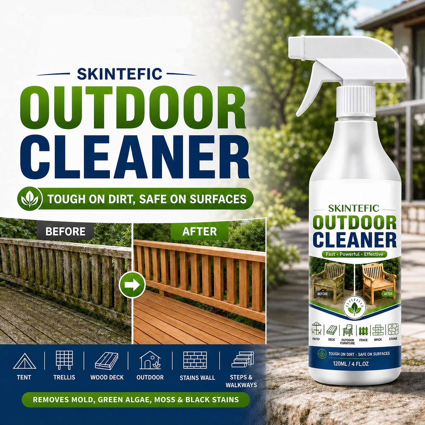 🌿 ¡79% DE DESCUENTO POR TIEMPO LIMITADO! Limpiador en Spray para Superficies de Exterior, Quitamanchas de Acción Rápida para Patios, Muebles de Madera y Superficies Exteriores