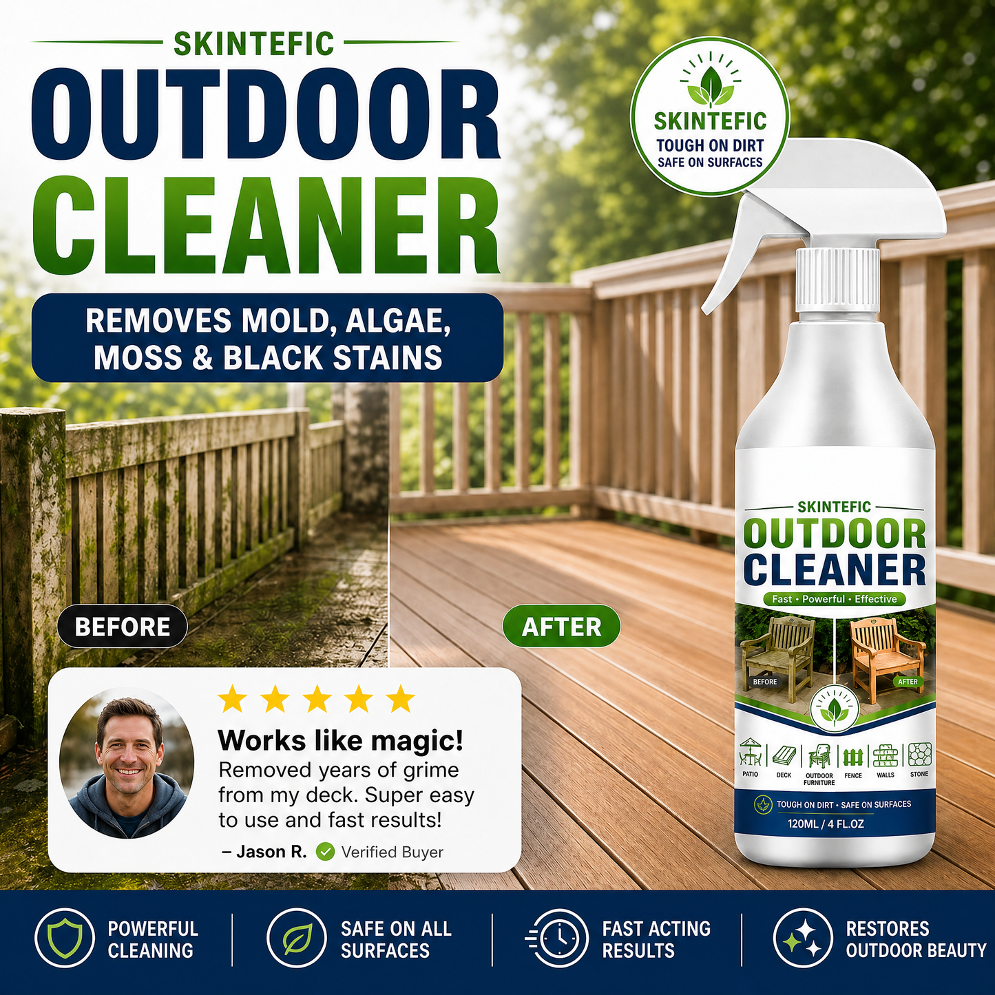 🌿 ¡79% DE DESCUENTO POR TIEMPO LIMITADO! Limpiador en Spray para Superficies de Exterior, Quitamanchas de Acción Rápida para Patios, Muebles de Madera y Superficies Exteriores